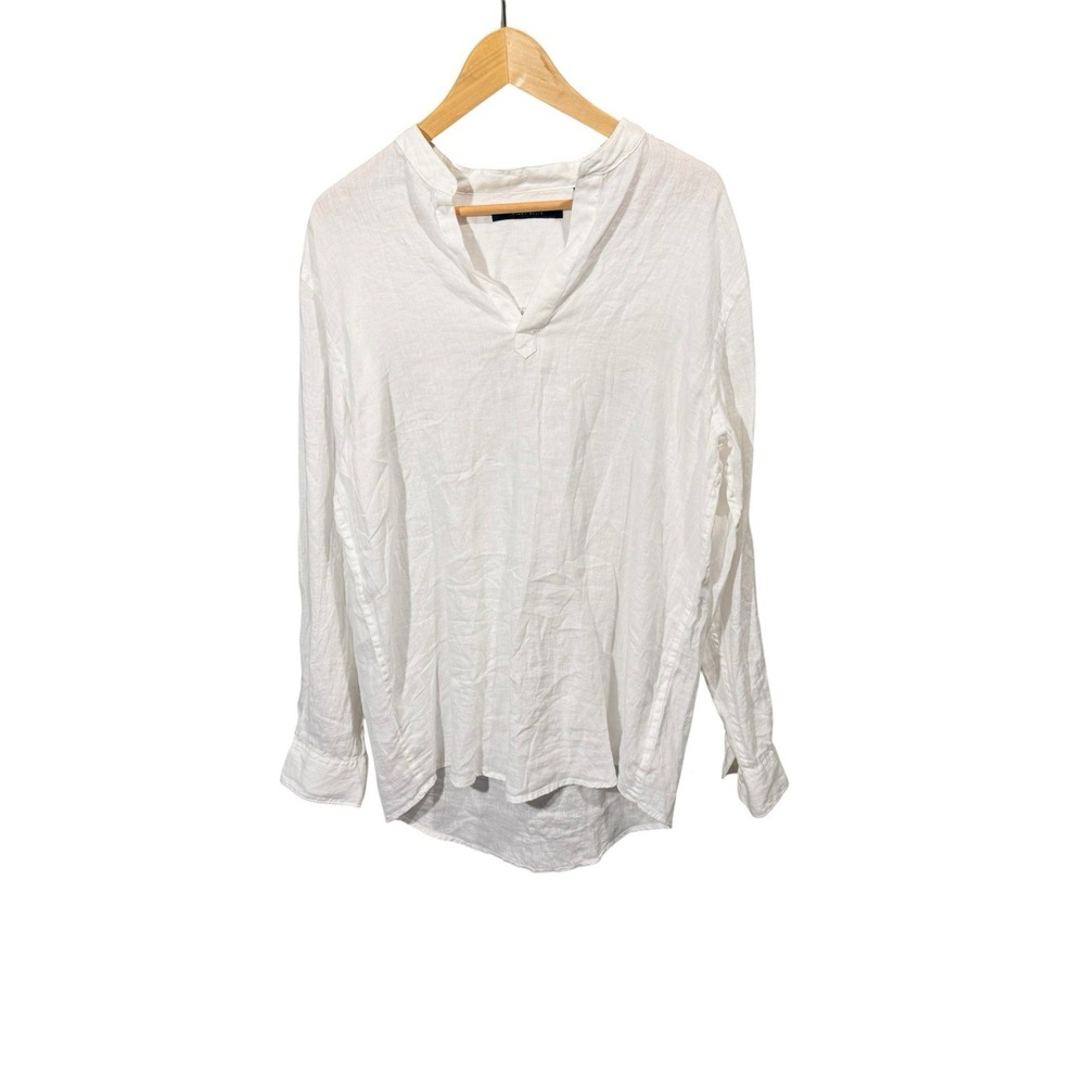 Perry Ellis Women's 100% Linen White Long Sleeve Band Collar Blouse Size Medium - Picture 2 of 6